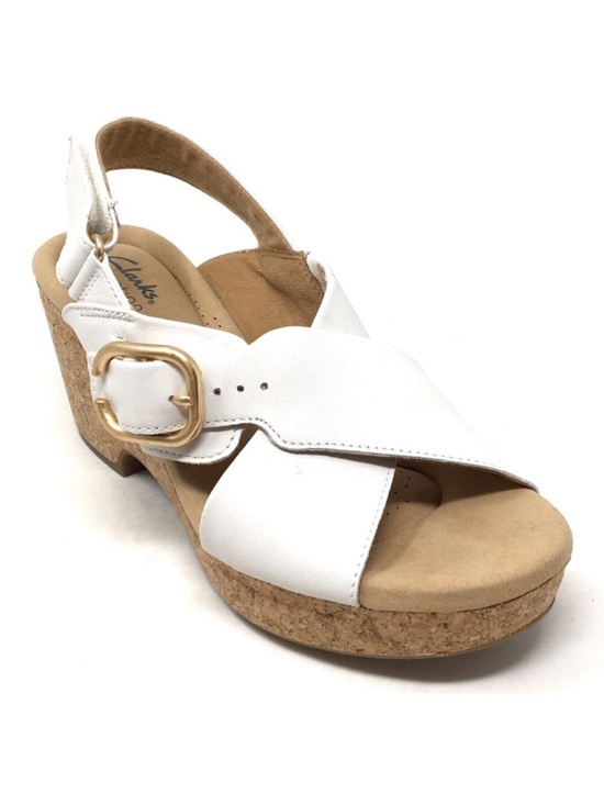 Clarks Shoes - NWOT - Clarks White Leather Cork Wedge Sandal with Gold Buckle